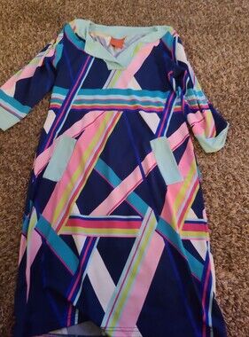 Tracy Negoshian  Navy, Pink & Aqua White Geometric Print Shift Mini Dress Sz Xs.